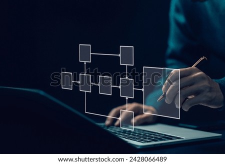 businessman using computer show diagram algorithm flow Business process organigram, hierarchy scheme. design workflow automation with flowcharts. model structure digital and data management