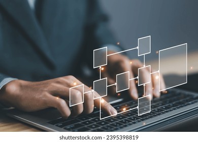 businessman using computer show organigram or diagram algorithm flow to design workflow automation with flowcharts and hierarchy scheme. Business process, model structure digital and data management
 - Shutterstock ID 2395398819