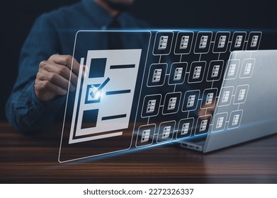 Businessman using computer Software for security, searching and managing corporate files, Corporate data management system and document management system with employee privacy.