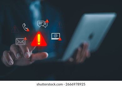 Businessman using computer with system warning alerts, Concept of cyber threat, phishing, scam messages, suspicious calls, and online security risks on communication. - Powered by Shutterstock - Get 15% off with code: PIKWIZARD15