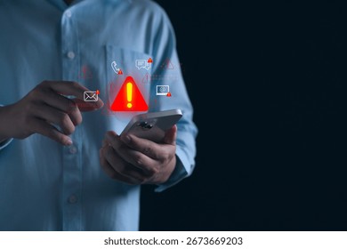 Businessman using computer with system warning alerts, Concept of cyber threat, phishing, scam messages, suspicious calls, and online security risks on communication. - Powered by Shutterstock - Get 15% off with code: PIKWIZARD15