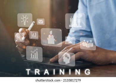 Businessman Using A Computer To Training Banner Web Icon For Business And Seminar, Coach, Teaching, Learn, Evaluation, Knowledge, Doing, Experience And Skill. Minimal Vector Infographic.
