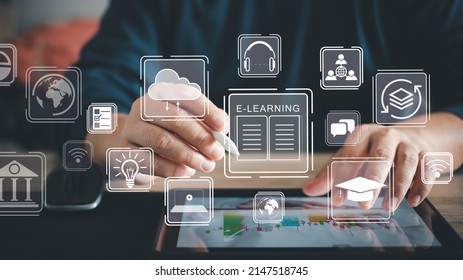 Businessman using a computer to webinar, education on internet, Online Courses e-learning concept. Learning workshop learn to think internet training knowledge technology. Graduation cap wifi icon - Shutterstock ID 2147518745