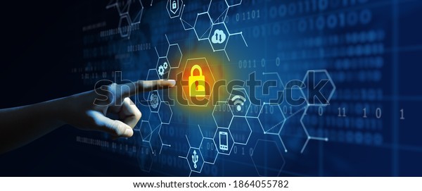 Businessman using Cyber Security Privacy,
Information Privacy, and Data Protection to block a cyber attack.
World map and digital binary code background. Network security
system concept.