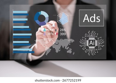 Businessman using data analysis dashboard online advertisement digital marketing in social media campaign platform performance business strategy performance marketplace store growth shopping corporate