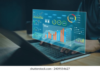 Businessman using Data analytics global tech for kpi accounting price big complex market, finance business, technology algorithm system software website tool analysis graph digital support chart