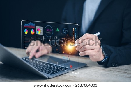 Businessman using Data analytics global tech for kpi accounting price big complex market, finance business, technology algorithm system software website tool analysis graph digital support chart
