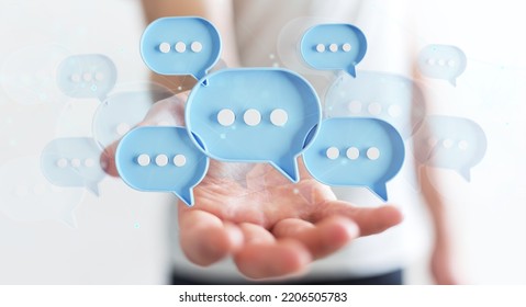 Businessman using digital blue speech bubbles talk icons. Minimal conversation or social media messages floating over user hand. 3D rendering