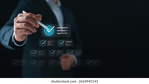 Businessman using digital checklist interface with pen, symbolizing task management, project planning, productivity system, and digital transformation for business efficiency and success.