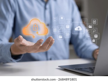 Businessman using digital cloud technology with cloud computing icons. Cloud collaboration and collaboration. Cloud automation management and integration.