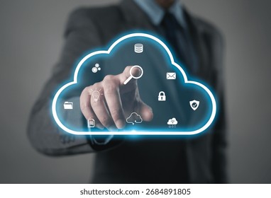 Businessman using digital cloud technology with cloud computing icons. Cloud collaboration and collaboration. Cloud automation management and integration.