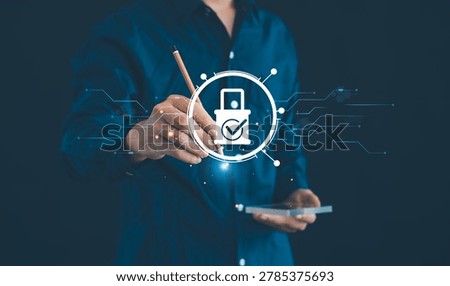 Businessman using digital cybersecurity lock interface for data protection, network security, privacy compliance, secure access, and online technology defense concept.