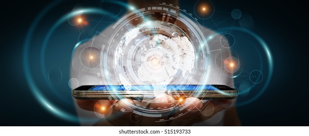 Businessman using digital data on hologram screen with his mobile phone 3D rendering