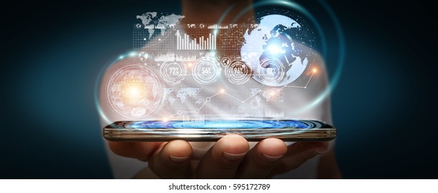 Businessman using digital data on hologram screen with his mobile phone 3D rendering - Powered by Shutterstock - Get 15% off with code: PIKWIZARD15