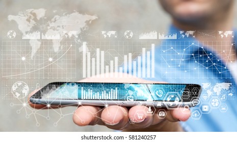 Businessman using digital graph interface with hi mobile phone 3D rendering