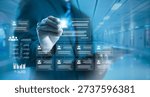 Businessman using digital interface to manage organizational structure, HR data and employee profiles. Concept of human resources management, corporate hierarchy, data analytics.