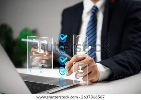 Businessman using digital interface to select candidates with virtual profile icons and checkmarks, representing modern recruitment, HR human resources technology, and hiring process.
