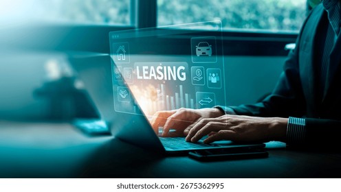 Businessman using digital leasing platform for car and property rental contract, online finance management, financial agreement, asset leasing, and modern investment service concept