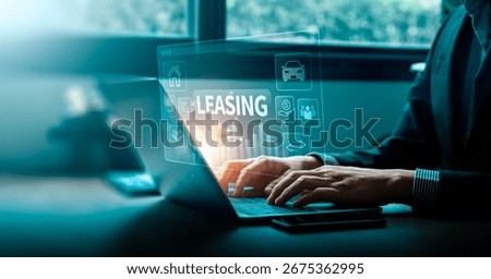 Businessman using digital leasing platform for car and property rental contract, online finance management, financial agreement, asset leasing, and modern investment service concept