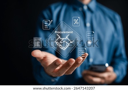 Businessman using digital procurement system with icons representing approval, documents, and agreements. Innovative B2B purchasing and supplier management concept.