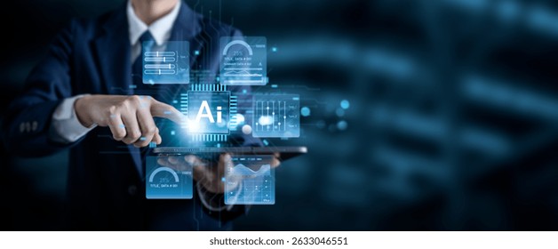 Businessman using digital tablet with AI icon and data analytics interface. Concept of artificial intelligence, big data, machine learning, innovation and digital transformation in technology business