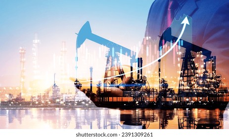 Businessman using digital tablet. Business global internet connection application technology digital marketing, Crude Oil pump oil rig energy industrial machine background. Crude oil increase price
