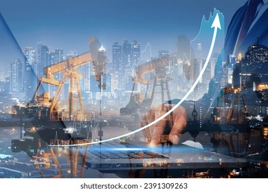 Businessman using digital tablet. Business global internet connection application technology digital marketing, Crude Oil pump oil rig energy industrial machine background. Crude oil increase price