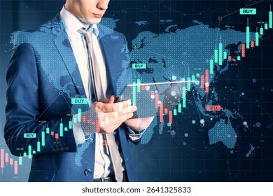 Businessman using digital tablet with forex charts and world map overlay on dark background, illustrating global stock market and currency exchange - Powered by Shutterstock - Get 15% off with code: PIKWIZARD15