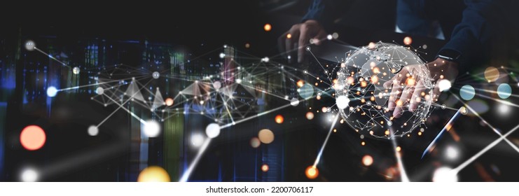 Businessman using digital tablet with global digital network and internet network connection, Social network and data exchange of technology, Networking structure on smart city background.