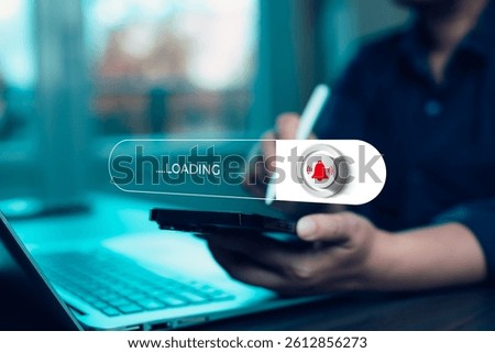 Businessman using digital tablet with loading bar and notification alert icon. Concept of technology, mobile app, software update, online system, and digital communication.