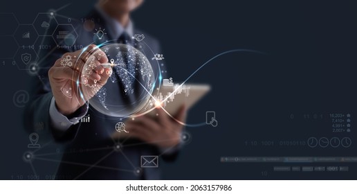 Businessman using digital tablet on global network connection,  data exchange, business development, metaverse. Internet technology, digital marketing. Financial, banking, investment, global business
