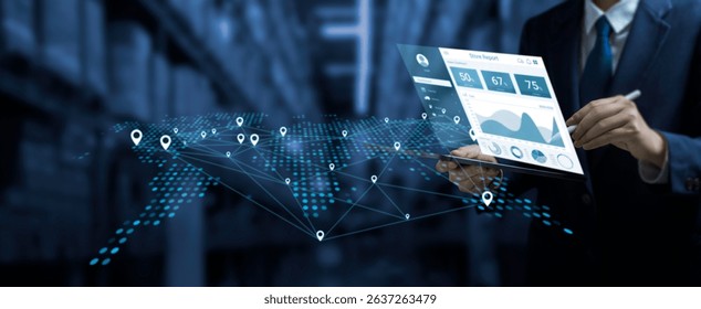 Businessman using digital tablet with real-time data analytics and GPS map network interface, illustrating smart logistics, supply chain management, and global tracking technology in a warehouse.