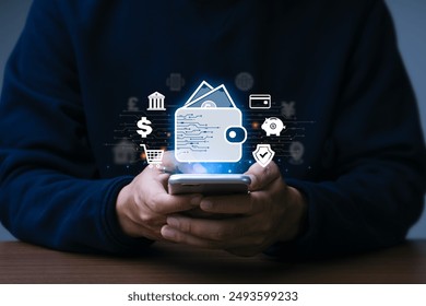 Businessman using Digital Wallet on smartphone. Online Payment. Transactions, Mobile banking, E-wallet, digital money blockchain, transfer, credit card, financial, and global business online.