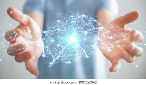 Businessman using digital x-ray human brain interface with cell and neurons activity 3D rendering