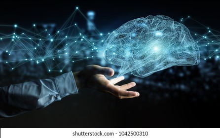 Businessman using digital x-ray human brain interface with cell and neurons activity 3D rendering