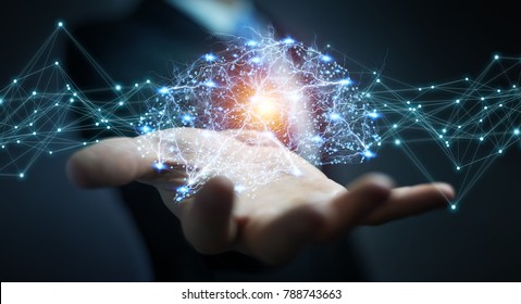 Businessman using digital x-ray human brain interface with cell and neurons activity 3D rendering - Shutterstock ID 788743663