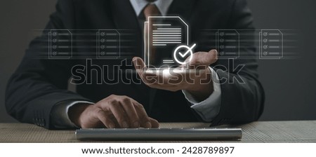 Businessman using e document on digital tablet, virtual notepad on virtual screen. E-signing, electronic signature, document management, paperless office. Online contract signing with application.