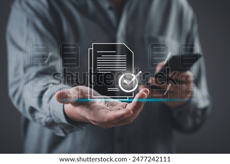 Businessman using e document on digital tablet, virtual notepad on virtual screen. E-signing, electronic signature, document management, paperless office. Online contract signing with application.