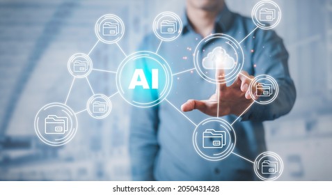 Businessman using finger to touch fingerprint interface scan password Artificial Intelligence (AI) technology icons, machine learning, digital transformation banner, information technology IT concept,
