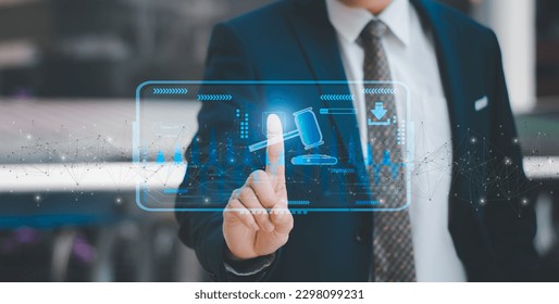 Businessman using finger touch hammer icon,futuristic line network, concept bid winner highest bidder in final lift,public sale property auctioned business competition,e-auction and online bidding - Shutterstock ID 2298099231