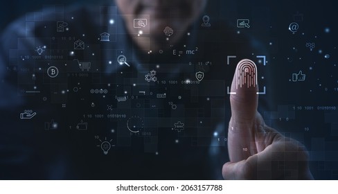 Businessman using fingerprint identification to access personal financial data, biometrics security, innovation technology against digital crime, E-kyc (electronic know your customer), technology icon