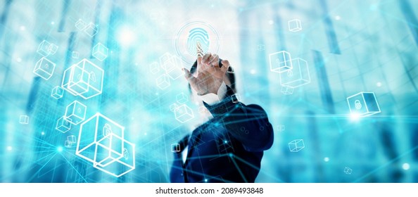 Businessman using fingerprint identification to access personal blockchain data. Idea for E-kyc (electronic know your customer), biometrics security, Cryptocurrency, Blockchain technology, Cyber net. - Shutterstock ID 2089493848