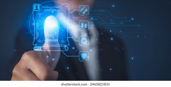 Businessman using fingerprint identification to access personal financial data, biometrics security, innovation technology against digital cyber crime cybernetics into Big data businesses, - Powered by Shutterstock