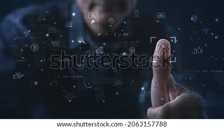 Businessman using fingerprint identification to access personal financial data, biometrics security, innovation technology against digital crime, E-kyc (electronic know your customer), technology icon
