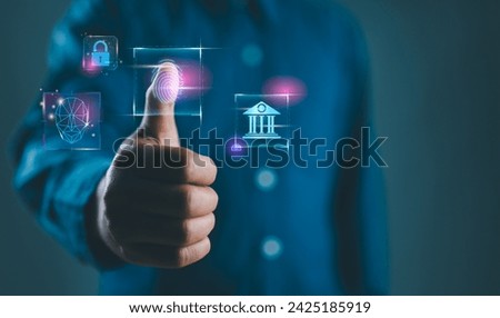 Businessman using fingerprint identification to access personal financial data. Idea for E-kyc electronic know your customer biometrics security, innovation technology against digital cyber crime