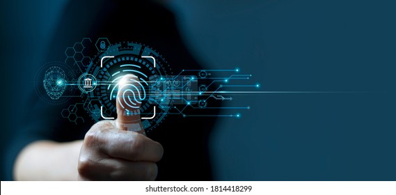 Businessman using fingerprint indentification to access personal financial data. Idea for E-kyc (electronic know your customer), biometrics security, innovation technology against digital cyber crime