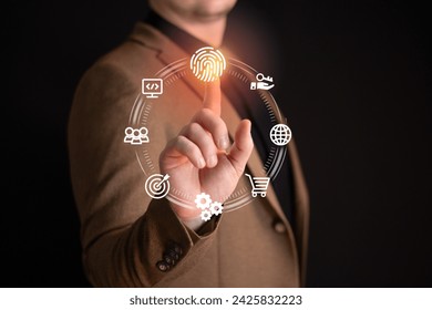 Businessman using fingerprint indentification to access personal financial data. Idea for E-kyc ,Personal data protection concept biometrics security, innovation technology against digital cyber crime