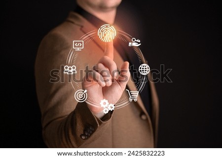 Businessman using fingerprint indentification to access personal financial data. Idea for E-kyc ,Personal data protection concept biometrics security, innovation technology against digital cyber crime