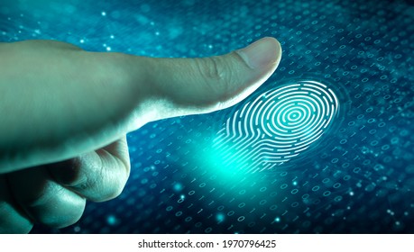 Businessman using fingerprint scan. Fingerprint scan provides access with biometrics identification on the digital convergence. Technology, Security and identification concept. - Shutterstock ID 1970796425