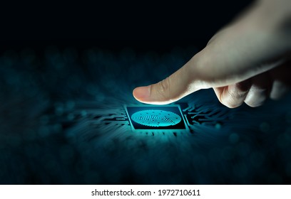 Businessman using fingerprint scan. Fingerprint scan provides access with biometrics identification on the converging point of circuit. Technology, Security and identification concept.